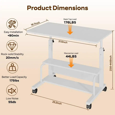 Product dimensions of Height Adjustable Ergonomic Rolling Computer Desk With Storage Shelves Waterproof Portable Study Table.