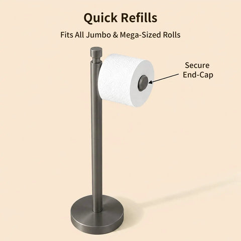 Built Tight Free Standing Toilet Paper Stand With Heavy Weighted Base And Brushed Graphite Finish, fits jumbo and mega rolls.