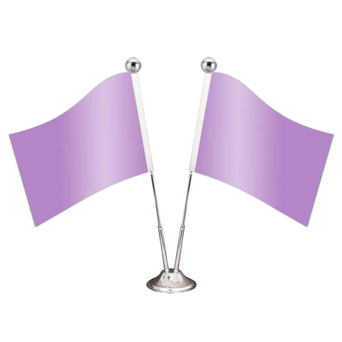 Two small purple tabletop flags on a silver stand with ball finials