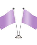 Dual lavender desk flags with silver poles and base, displayed upright on a white background.