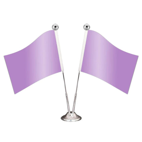 Dual lavender desk flags with silver poles and base, displayed upright on a white background.