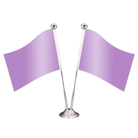 Two small table flags with light purple cloth on silver poles with round bases, displayed against a white backdrop.