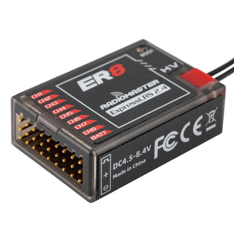 ExpressLRS ER8 2.4GHz 8 Channel PWM Receiver With Telemetry For FPV Drones Airplanes And Gliders, side view with connector ports