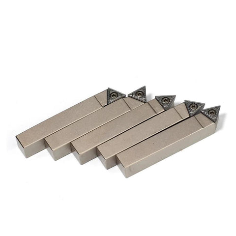 Five-piece mini indexable lathe turning tool set with 5/16 inch nickel-plated shanks and carbide inserts