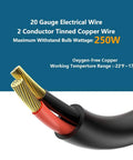 20 gauge 2 conductor tinned copper wire with 250W max load and wide temperature range, suitable for heavy duty clamp light socket with gooseneck.