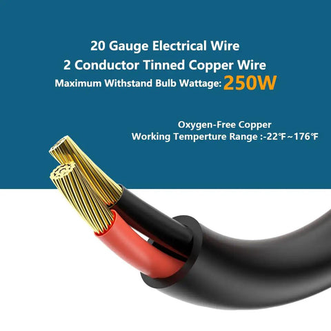 20 gauge 2 conductor tinned copper wire with 250W max load and wide temperature range, suitable for heavy duty clamp light socket with gooseneck.