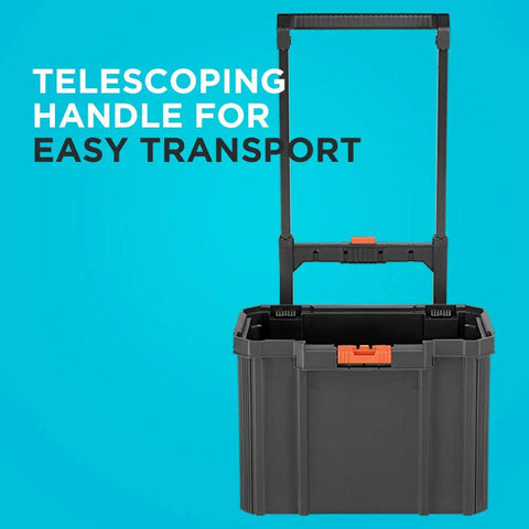 Beyond Stackable Tool Storage System 3 Piece Set With Small Deep Toolbox And Rolling Tote showing telescoping handle