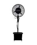 Heavy Duty Floor Standing Pedestal Fan With Wide Angle Oscillation For Indoor Outdoor Cooling Built Tough, black misting fan on a sturdy base.