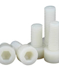 Top Shelf M3x8 Nylon PA66 Hex Socket Head Cap Screws Nuts And Washers Assortment Kit with white nylon bolts stacked.