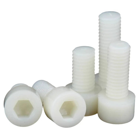 Top Shelf M3x8 Nylon PA66 Hex Socket Head Cap Screws Nuts And Washers Assortment Kit with white nylon bolts stacked.