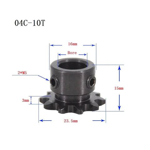 Check Out This High Grade 04C Chain Gear Sprocket Wheel Crafted From Durable 45# Steel Featuring 9 Or 10 Teeth With A Rock Smooth Top Wire Bore Perfect For Heavy Duty Industrial Rigging And Machinery Repairs You Need. 04C-10T sprocket wheel showing dimensions and bore.
