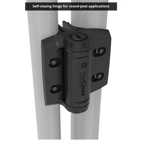 Close-up of TruClose Self Closing Round Post Gate Hinges Built Tough For Chain Link Gates Up To 154 Pounds Fits 1 3 8 Inch And 1 5 8 Inch Gate Diameters For Round Frame And Post Black 2 Count installed on gate post