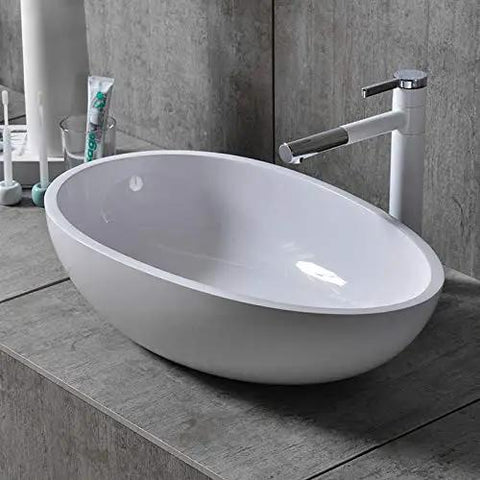 Real Deal White Oval Vessel Sink Built Tough From Dense Artificial Stone For Quick Countertop Installation With A Slick Finish. 610x440x160 mm.
