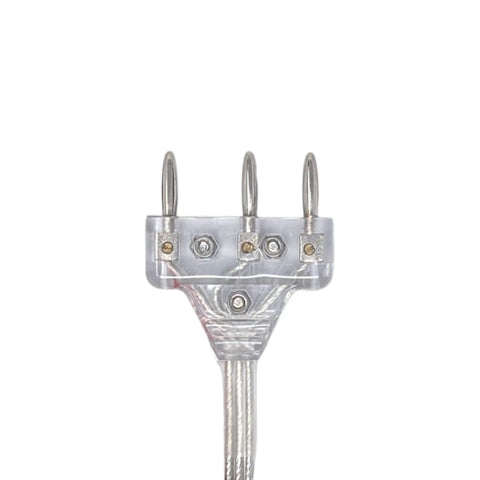 Elite Series Epee Body Cord Twin Core 3 Prong Clear Wire for fencing, close-up of anti-bend connector, 2 Pack
