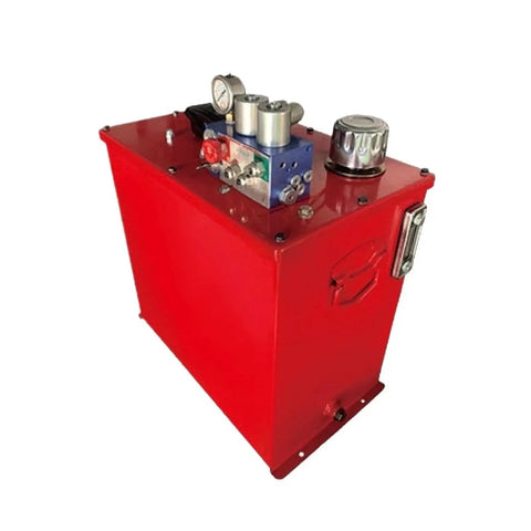 Straight Up Plug And Play Whisper Quiet Hydraulic Pump Station For Home Elevators Built Heavy Duty Oil Immersed Compact Power Unit 220V 380V Reliable Setup with red alloy tank and pressure gauge.