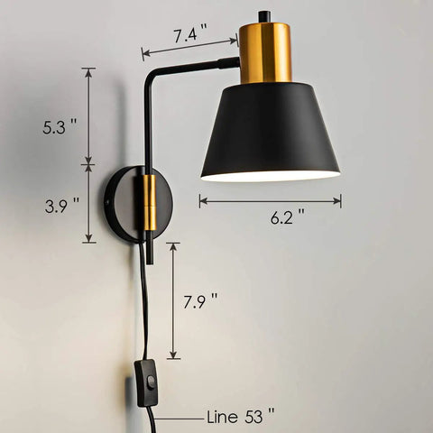 Modern Swing Arm Wall Sconce Set Of Two Plug In Black Wall Lights With 360 Degree Rotatable Shade And On Off Cord for Easy Setup