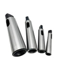 Set of five MT taper shank reducing sleeves; steel hollow arbors with square drive ends.