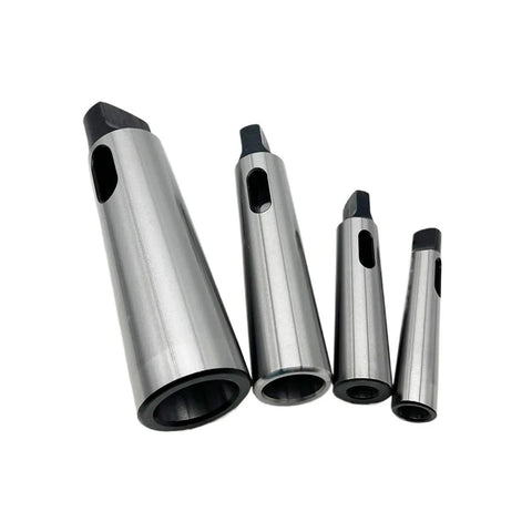 Set of five MT taper shank reducing sleeves; steel hollow arbors with square drive ends.