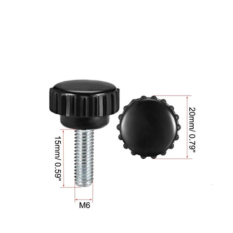 Kickass Grip M6 Metric Male Thread Knurled Clamping Knobs In Matte Black, 15mm stem, 20mm rim, suited for CNC applications.