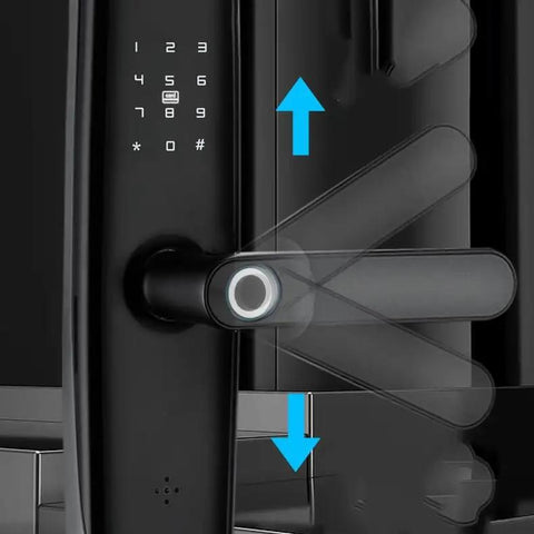 Heavy Duty Smart Door Lock With Fingerprint Card Passcode Keyless Entry Auto Lock showing keypad and handle design.