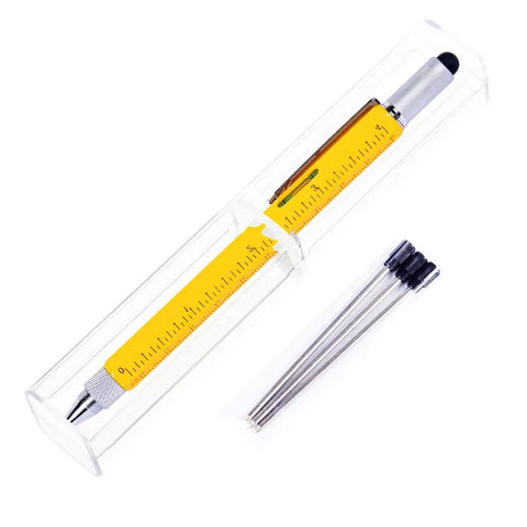 6 In 1 Multitool Pen Gift For Him And Dad with yellow ruler, silver tip, and spare refills, packaged in clear case