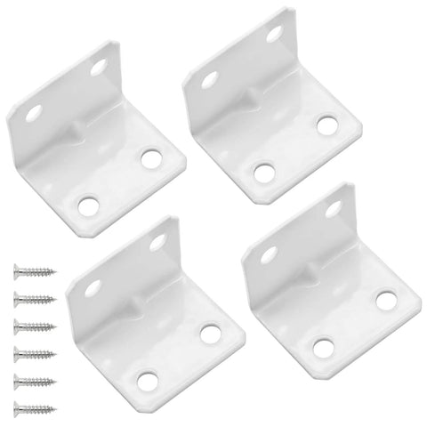 4 White Powder Coated Steel L Corner Braces with Phillips Screws for strong right angle joinery in furniture