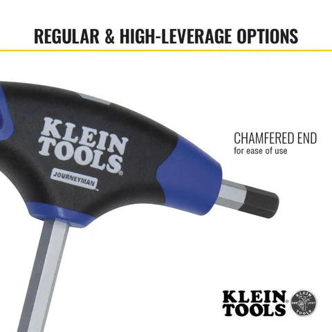 Close-up of Klein Tools T-handle hex key with chamfered end, showcasing rust-resistant steel for eight-piece metric Allen tasks.