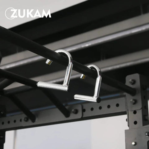 Heavy Duty Metal Resistance Band Handles With Knurled Steel Grip Surface for Elastic Band Workouts and Pull Ups installed on a rig.