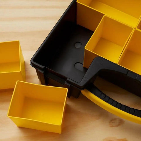 Deep Pro Organizer Tool Box With Locking Lid And Crystal Clear Cover, shown with removable yellow cup compartments on wood surface.