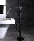 Matte Black Square Tub And Shower Faucet Floor Standing Mixer Tap With Handheld Sprayer Hot Cold Water Waterfall Spout visible