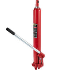 Front view: Red VEVOR hydraulic long-ram jack with silver handle, 8-ton capacity, clevis base.