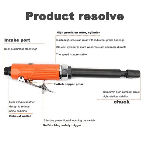 Extended Six Inch Pneumatic Die Grinder With Quarter Inch And Eighth Inch Collets, 22,000 RPM Free Speed, 3.5 CFM at 90 PSI, Includes Two Wrenches, Durable Air Tool Perfect For Precise Grinding