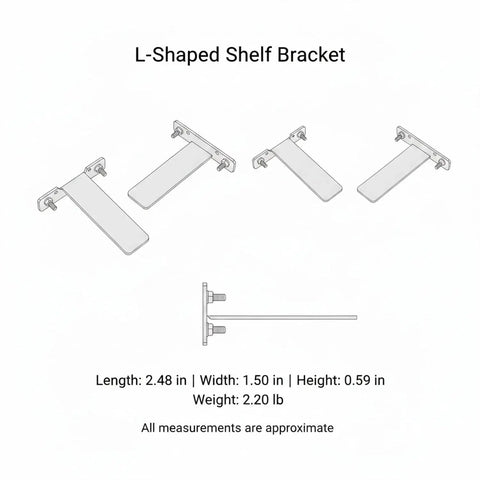 Diagram of Sturdy Gold L Shaped Shelf Bracket Aluminum Mount with dimensions for wall and desk photo frame display.
