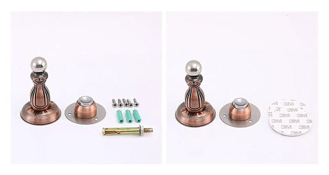 Stylish Brushed Red Bronze Door Stopper With Hidden Catch To Save Skirting Boards and Protect Walls From Dings Using Strong Magnetic Hold For A Slam Free Home Without Needing Nails Or Drills Anywhere, showing installation parts.