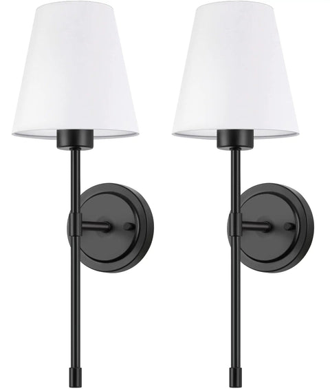 Set Of 2 Retro Industrial Hardwired Wall Sconces With White Fabric Shades Slim Wall Mounted Vanity Lights For Bathroom