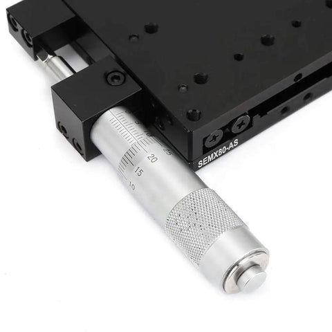 Kickass X Axis Linear Stage 80x80 mm with micrometer manual translation, aluminum alloy black anodized finish, single X slide bearing