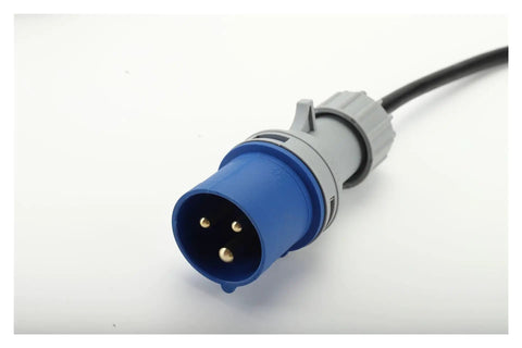 Hella Solid Heavy Duty Industrial Grade 220 Volt 3 Pin European Extension Cord And Socket Set With Flame Retardant Jacket IP44 Weatherproof plug close-up.