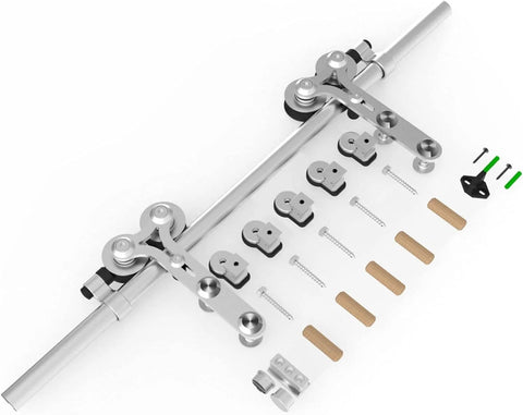 8Ft Stainless Steel Sliding Barn Door Hardware Kit With Quiet Glide showing track, rollers, stops, guides, and installation components.