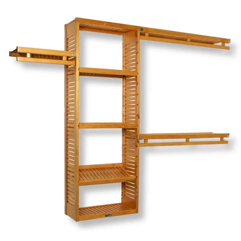 Sweet Solid Wood Closet Organizer System With Slick Honey Maple Finish And Heavy Duty Hanging Rods Wall Mount Storage Tower versatile setup with shelves.