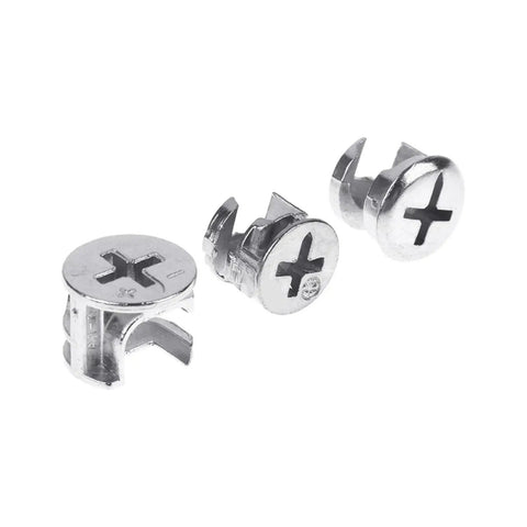 Close-up of three zinc alloy cam nuts from 10 Pcs Thickening Three In One Connector Eccentric Wheel Hardware For Furniture And Cabinets