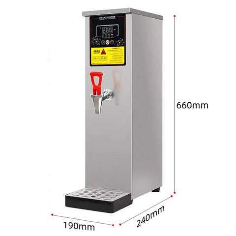 Heavy Duty Commercial Water Heater Boils In Five Minutes With Nonstop Flow Using Smart Step Heating Tech features sleek stainless steel, 40L capacity.