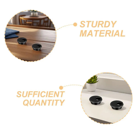 Sturdy Round Plastic Cable Grommet Kit With Easy Tool-Free Installation Covers Desk Cord Holes For Home And Office Cable Management Wear Resistant 10 Pack, black round grommets on wood and white desk
