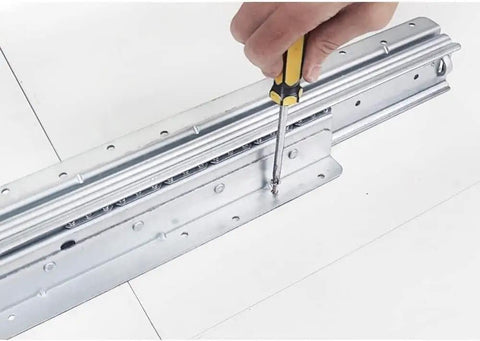 Installing 16 inch extension drawer slides with ball bearing runners black, showing screws and tracks