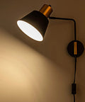 Modern Swing Arm Wall Sconce Set Of Two Plug In Black Wall Lights With 360 Degree Rotatable Shade And On Off Cord, brass accent