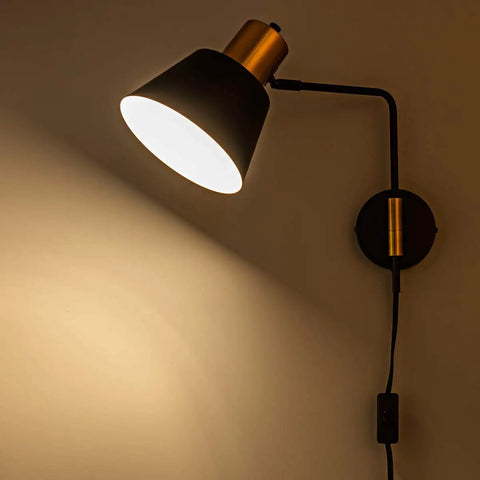 Modern Swing Arm Wall Sconce Set Of Two Plug In Black Wall Lights With 360 Degree Rotatable Shade And On Off Cord, brass accent