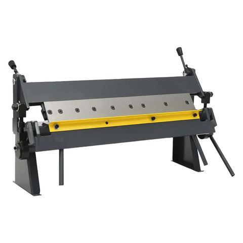 Front view of a 24 Inch Sheet Metal Pan And Box Brake With 0 To 135 Degree Bend Angles, heavy duty industrial metal bender, with removable fingers.