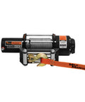 Side view of Mile Marker PE5000 UTV winch with 1/4 in steel cable, orange strap and hook