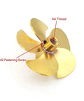 Beefed Up 35mm Copper 5 Blade RC Boat Propeller With M4 Shaft Left Hand Spin For Scale Marine Models, shown with M2 screws and M4 thread