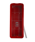 Straight Up Outdoor Fire Extinguisher Cabinet With Red Breaker Bar Mount, durable plastic shell, clear front view.