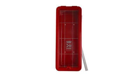 Straight Up Outdoor Fire Extinguisher Cabinet With Red Breaker Bar Mount, durable plastic shell, clear front view.